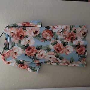 Bobeau Blue Pink Peony Floral Dress Bell Sleeve